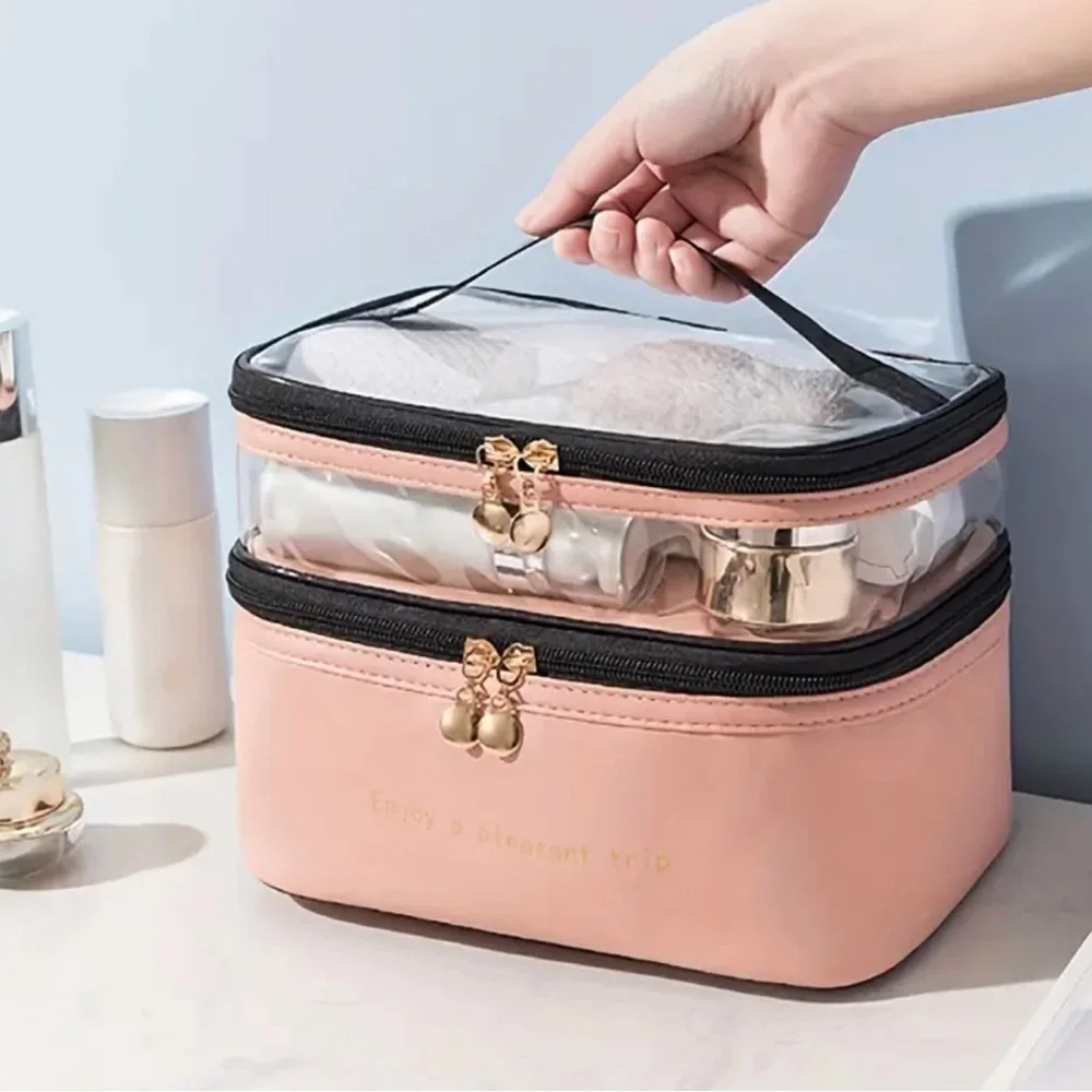Double-Layer Cosmetic Bag with Large Capacity for Travel and Toiletries